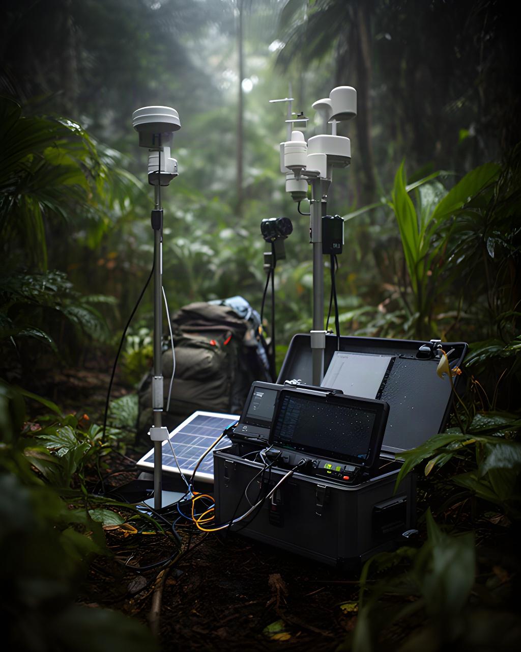 Strumentazione scientifica e vegetazione tropicale osservate durante un rilievo nella regione equatoriale